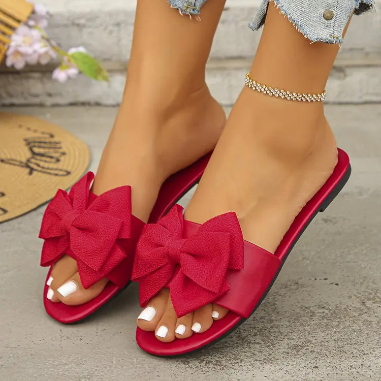 Womens Slip on Flat Sandals Big Bowknot Wide Strap Slides Mules Open Toe Casual Sweet Summer Beach Comfort Daily Walking Shoes