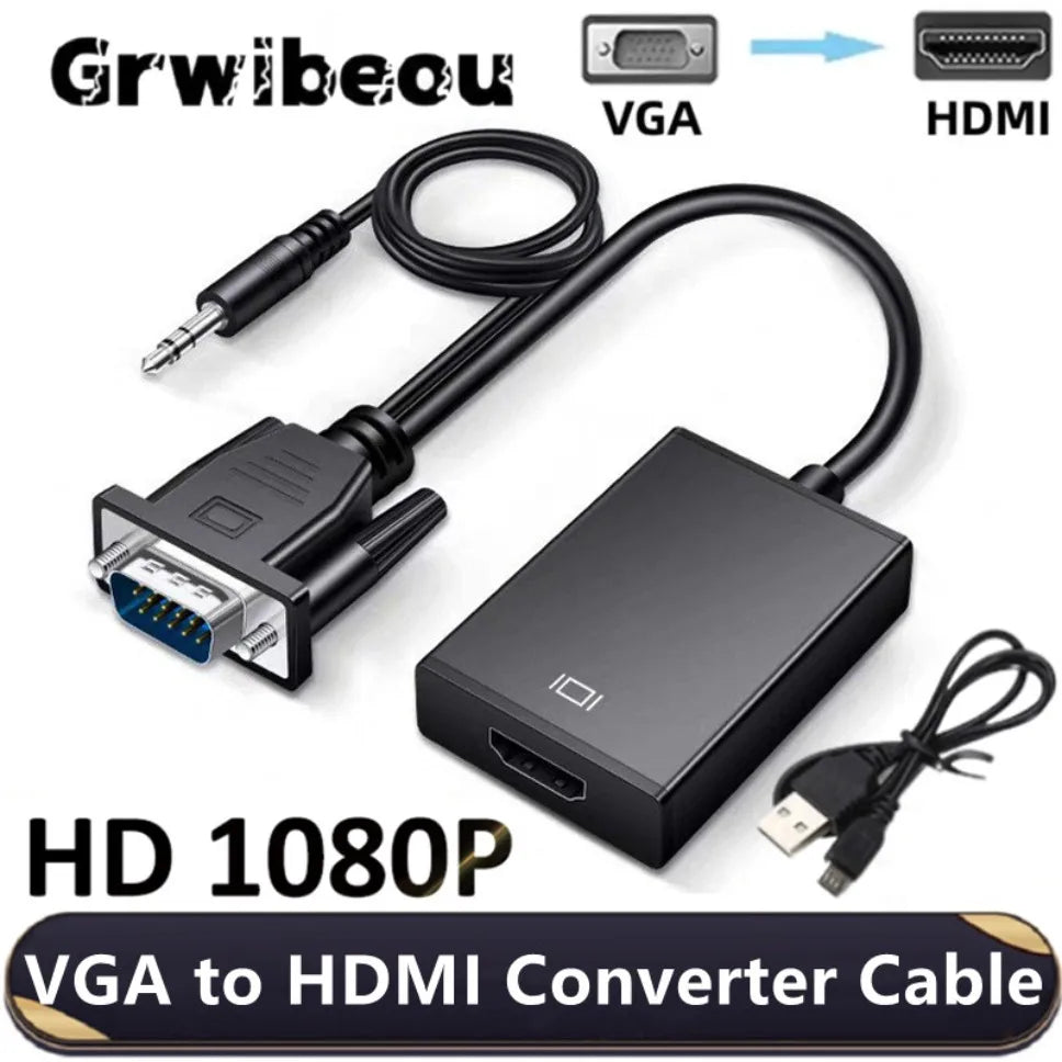 HD 1080P VGA to HDMI Adapter Cable With 3.5mm Audio Output + USB Powered VGA to HDMI Converter for PC Laptop to HDTV Projector