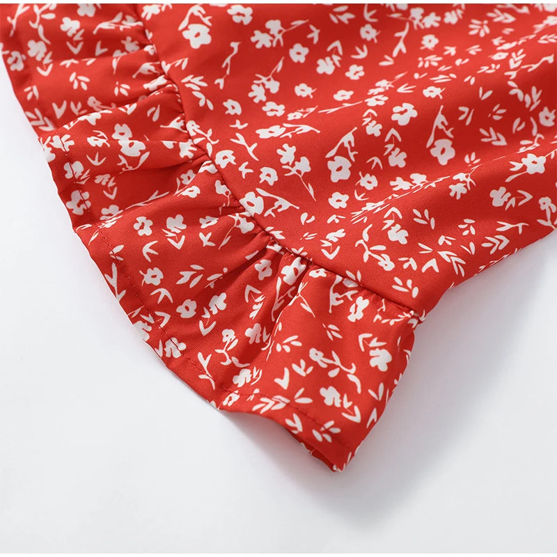 Red Floral Print Peter Pan Collar Dress Women Puff Sleeve V-neck High Waist A-line Mini Dresses Lady Evening Dinner Vestido 2026