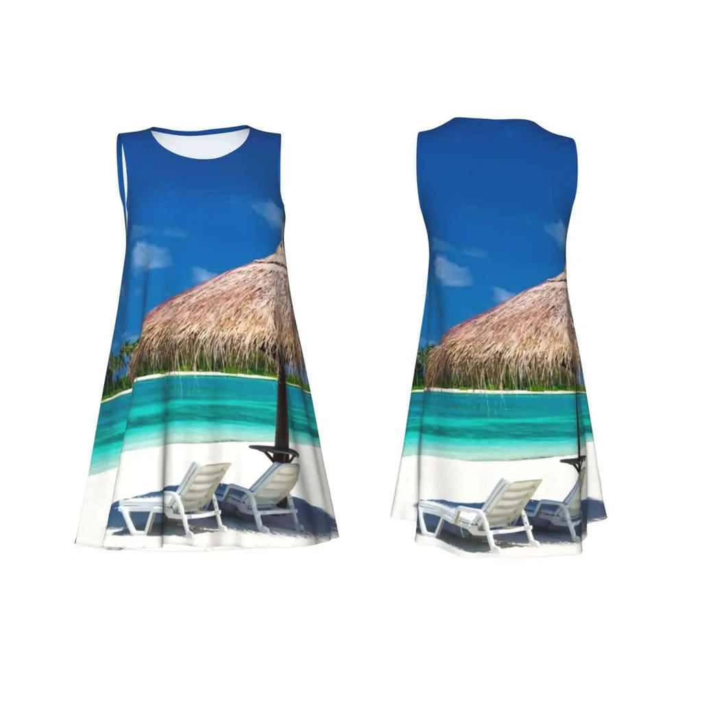 Beach Maldives Casual Dress Sea Landscape Print Pretty Dresses Woman Summer Street Style Printed Oversize Tank Dress