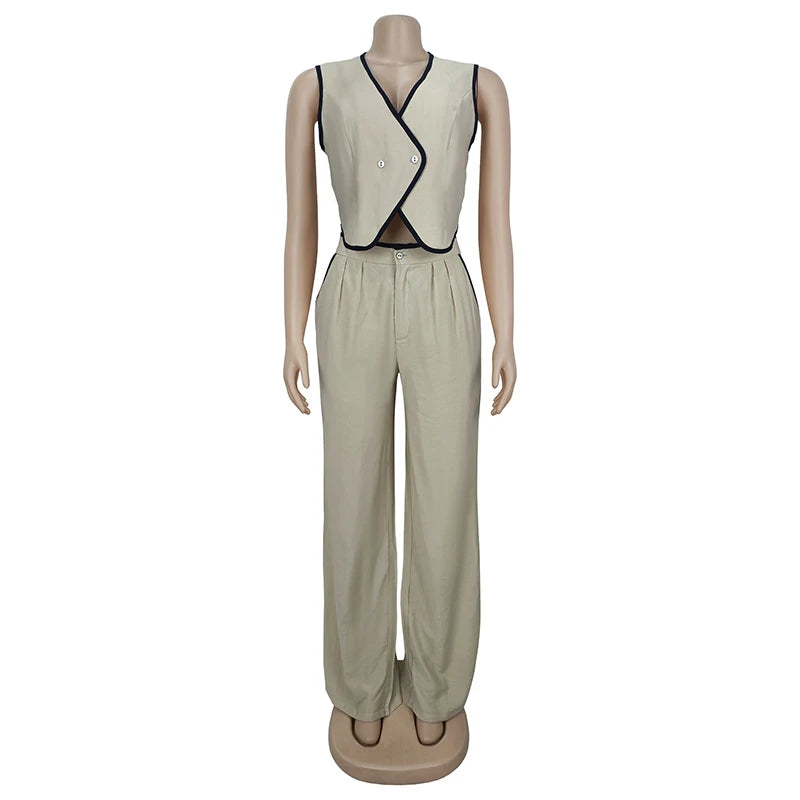 BKLD 2025 Women's Temperament Commuting Suit Contrasting Button Sleeveless Vest Tops+Zipper Pockets Pants Fashion Casual Outfits