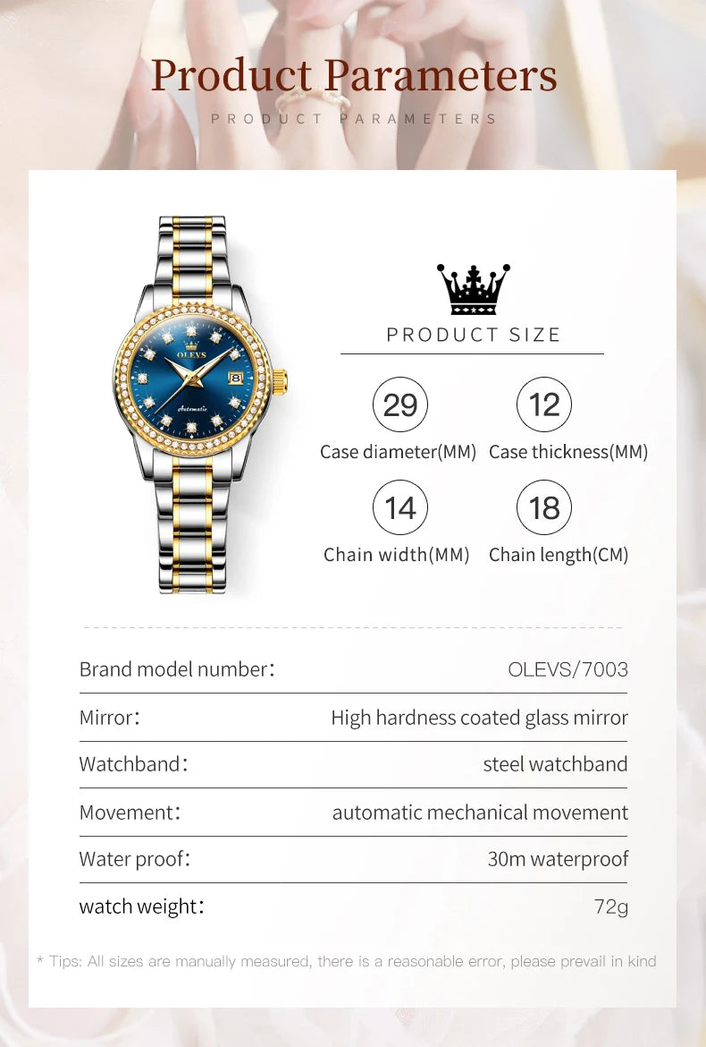 OLEVS Automatic Mechanical Watch for Ladies Auto Date Top Brand Business Luxury Women Watch NEW 7003