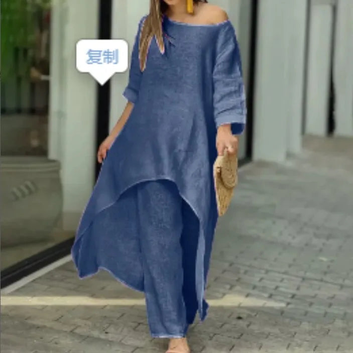 2025 Loose New In Matching Sets Two Piece Outfit 2 Pieces Set For Woman Solid Color Irregular Hem Long Sleeves Wide Legs Trouser