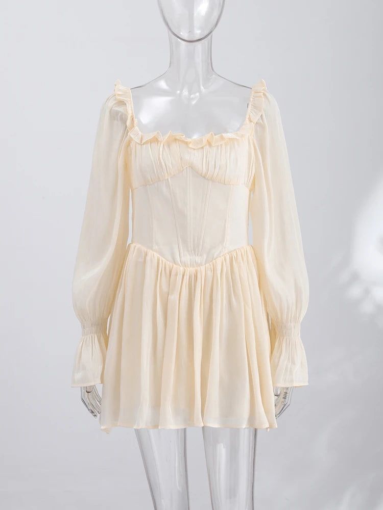 Elegant Square Neck Dress Women's Corset Mini Dress Ruffle Trim Long Sheer Puff Sleeves Romantic Party Dresses Woman Clothes