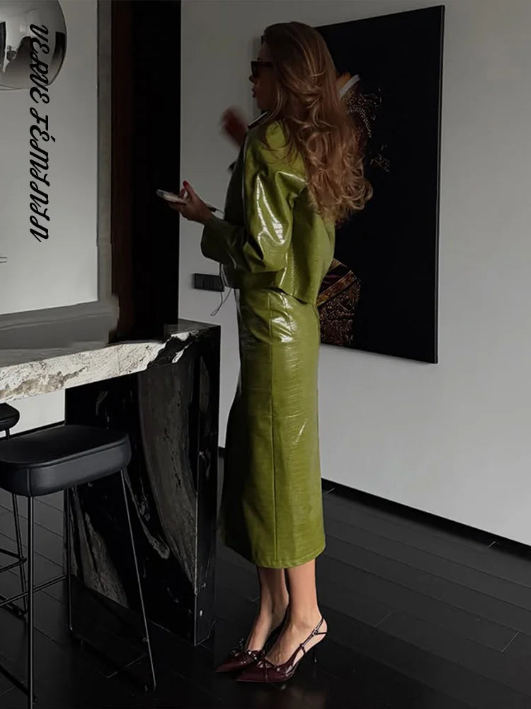 Women's Skirt Sets Crocodile Faux Leather Lapel Long Sleeve Button Oversized Jackets Straight Skirts Autumn Female Loose Outfits