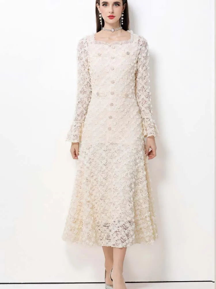 Elegant Square Neck Lace Three-Dimensional Flower Trumpet Sleeve Slim Fit Dress 2025 New Fashionable Autumn Women'S Clothing