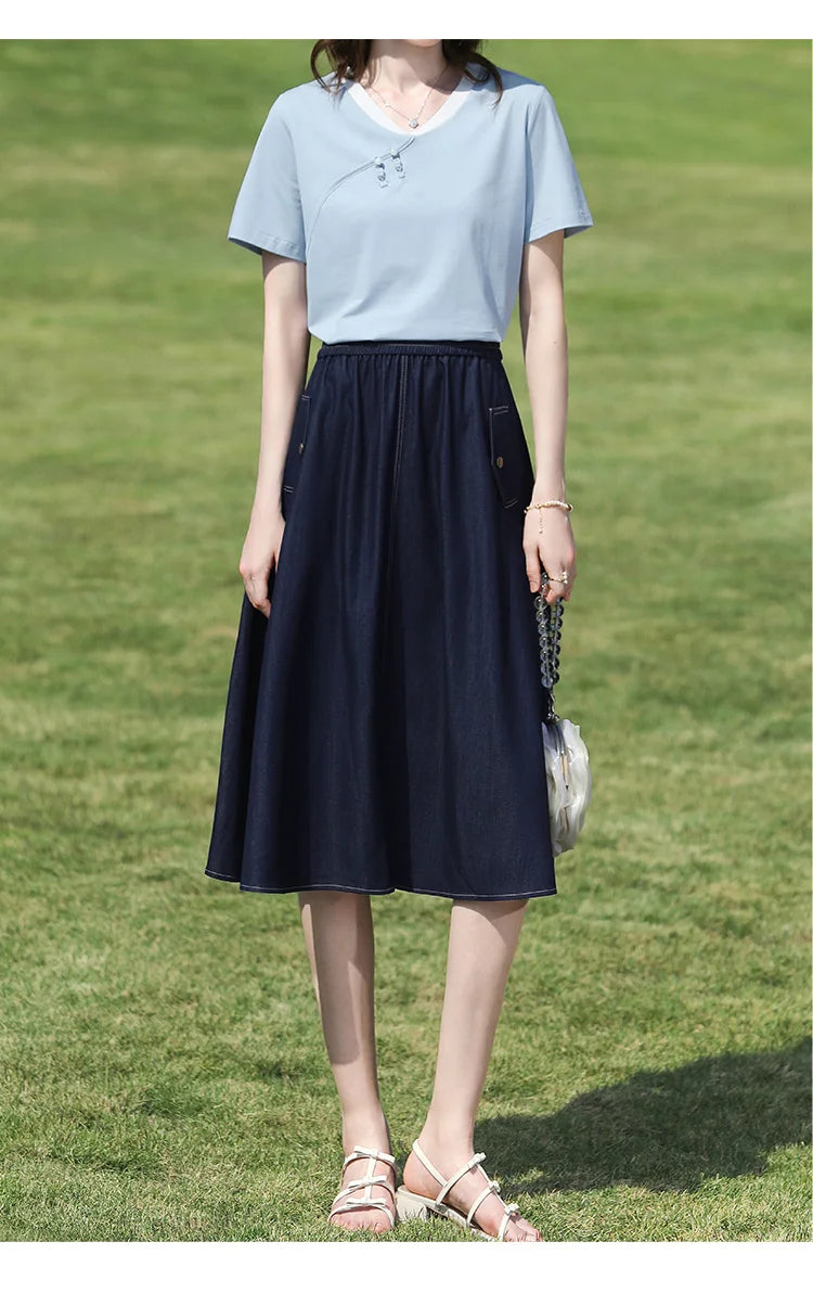 I BELIEVE YOU Dark Blue Denim Midi Skirt for Women 2026 Spring Elastic Waist Skirts Casual A-Line Skirt with Pockets 2261026207