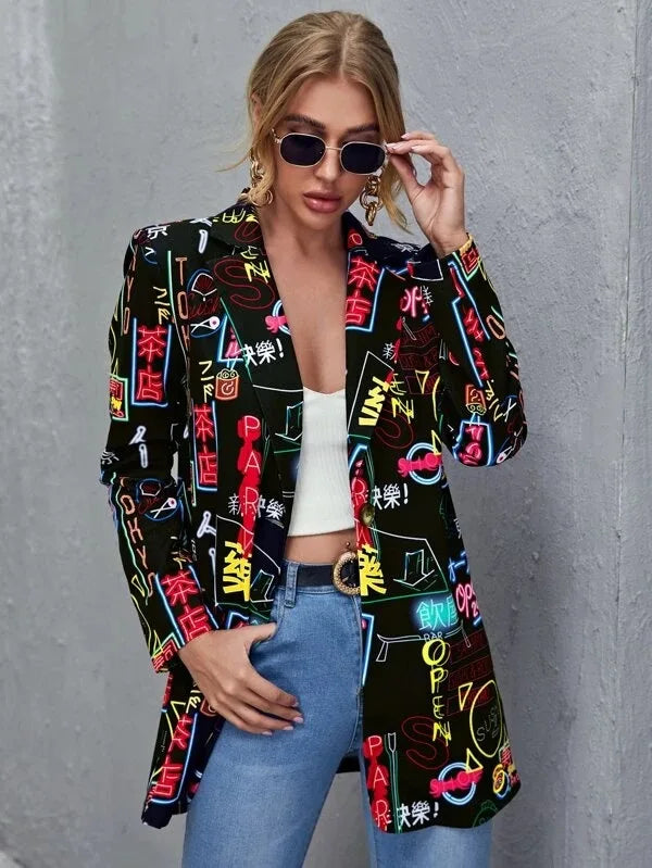 Fashion New Print Blazer Women's Vintage Letter Irregular Jacket High Street Elegant Women's Jacket Women Clothing