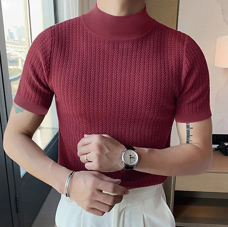 Summer new casual simple knitted base shirt European and American men's high neck water ripple solid color T-shirt