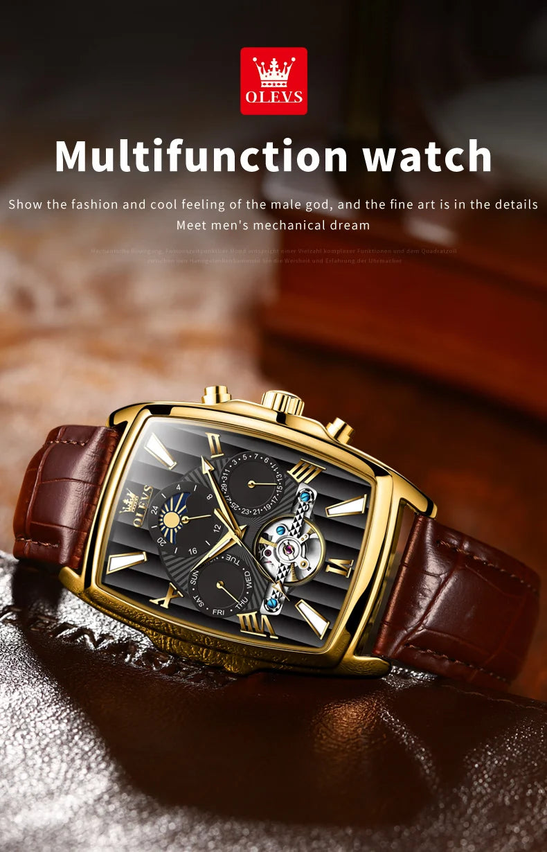 OLEVS 6675 Mens Watch Flywheel Multifunctional Chronograph Mechanical Watch Leather Strap Square Watches For Man High Quality