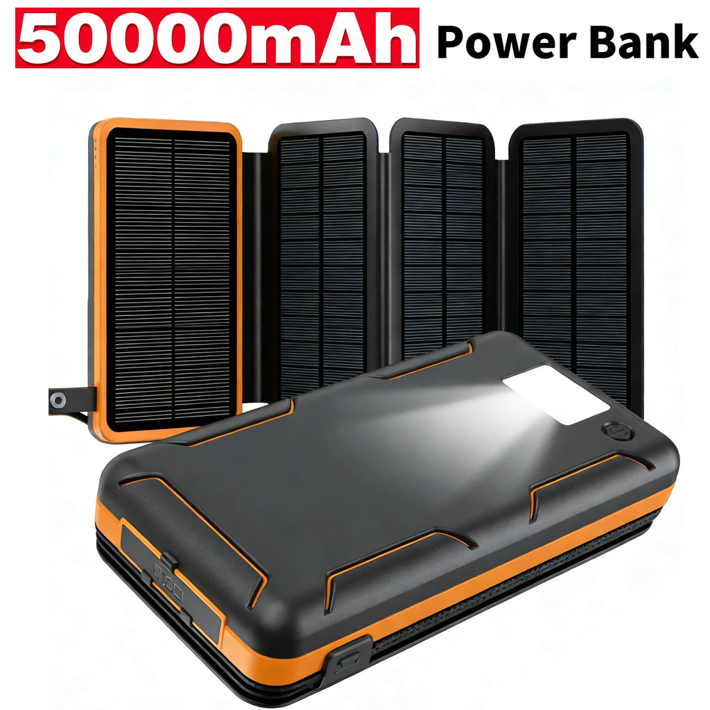 50000mAh Portable Solar Power Bank Fast Charging USB-C/USB-A for IOS Android Outdoor Large Capacity Backup Charger for Camping