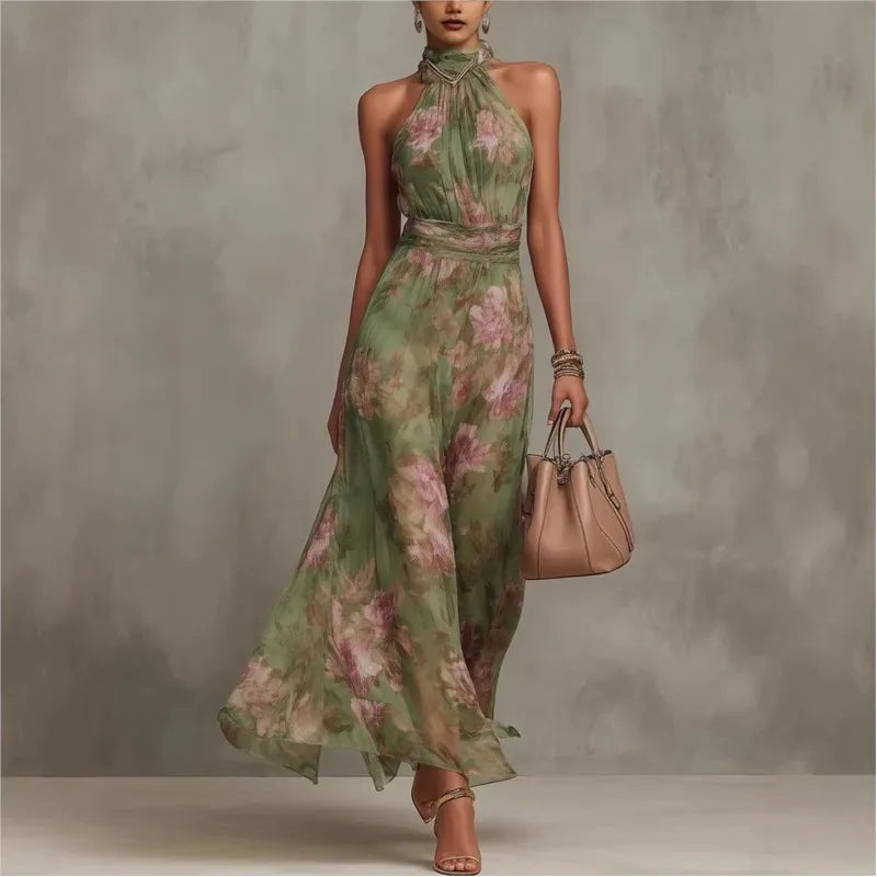 new Flower Print Women's Sleeveless Halter Maxi Dress Summer Fashion High Neck Ruched Waist Elegant Chic Holiday Party Dress