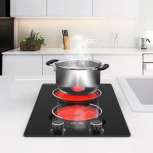 Electric Cooktop 2 Burners Knob Control Countertop Built-in Ceramic Cooktop