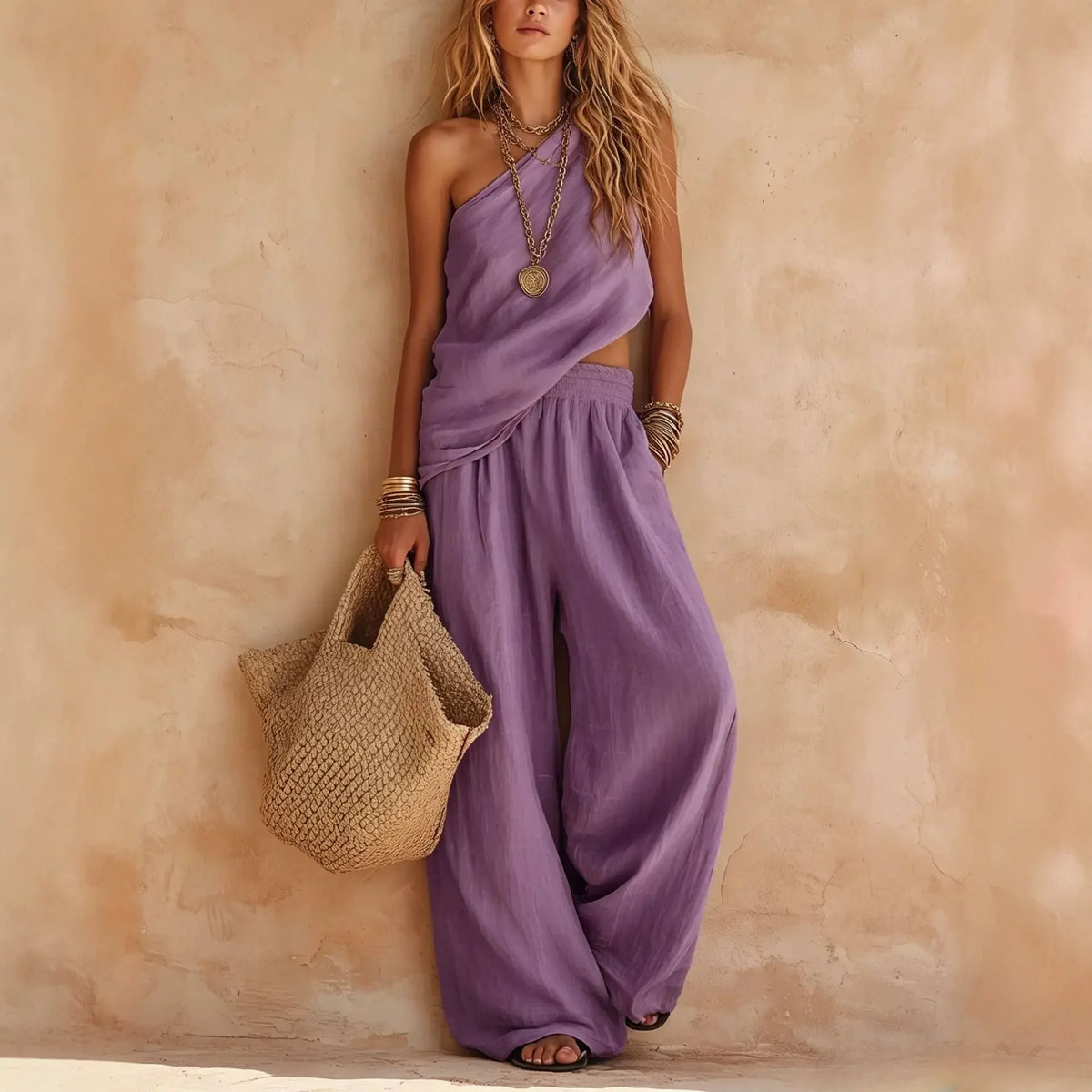 One-shoulder Women Tank Top Pants Two Piece Set Summer Sleeveless Top & Wide-Leg Pants Casual Woman's 2 Piece Outfits