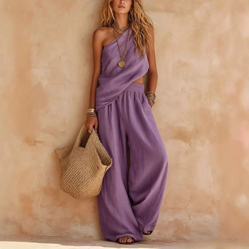 One-shoulder Women Tank Top Pants Two Piece Set Summer Sleeveless Top & Wide-Leg Pants Casual Woman's 2 Piece Outfits