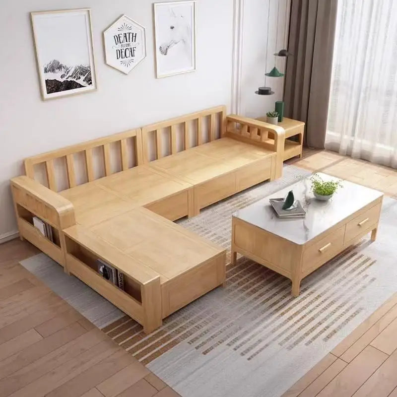 *Living Room Nordic Log Wood Storage Corner Sofa Winter  Summer Dual Use Fabric Wooden Sofa Combination