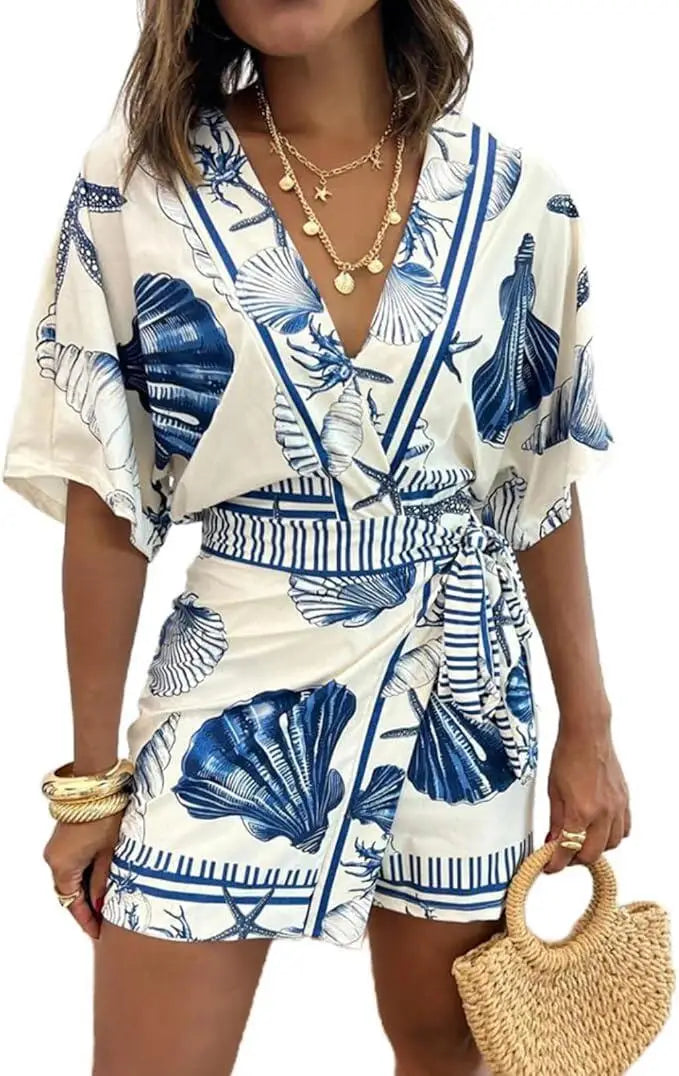Fashion Printed Short Sleeve Women's V-neck Slim Fit Jumpsuit Summer New Casual Bohemian Female Vacation Lace Up Rompers 2026
