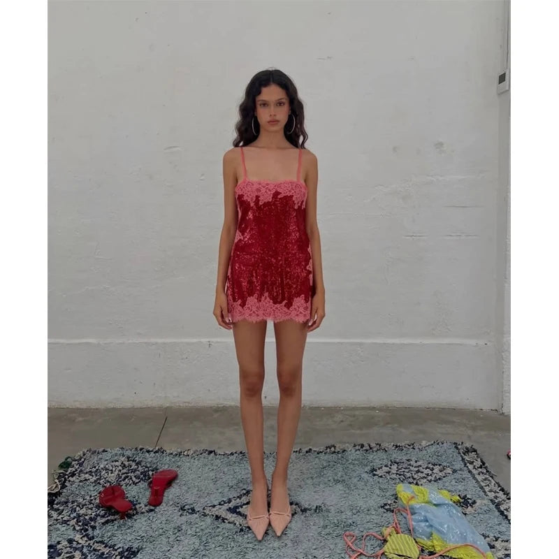 Women Chic Sequin Spaghetti Strap Mini Dress Lightweight Sexy Lace Trim Slimming Sleep Dresses 2026 Summer Beach Vacation Wear