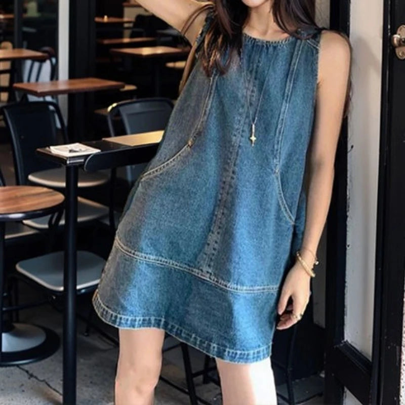 Retro Vest Denim Dress 2025 Summer Fashion Temperament Stitching A Word Street Style Women's Short Skirt