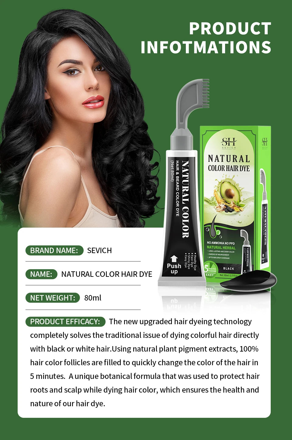 Avocado Fast Hair Dye Black Shampoo with Comb 80ml Black Hair Dye Shampoo with Comb Non-irritating Repair Gray White Hair Care