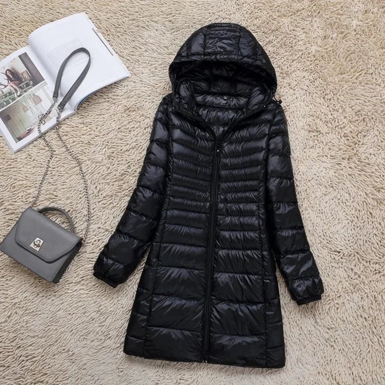 Plus Size White Duck Down Jacket Light-weight Down Jacket Women Inner Cloth Coat Ladies Long Winter Hat Hooded Femal