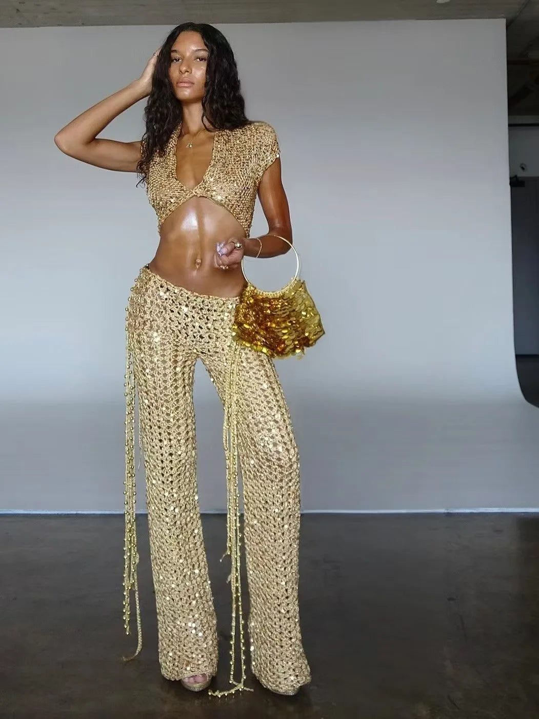 Sexy Sequin Hollow Out Pants Set V-neck Short Sleeved Top+Pants Two Piece Set Fashion Party Clubwear Evening Festival Outfit