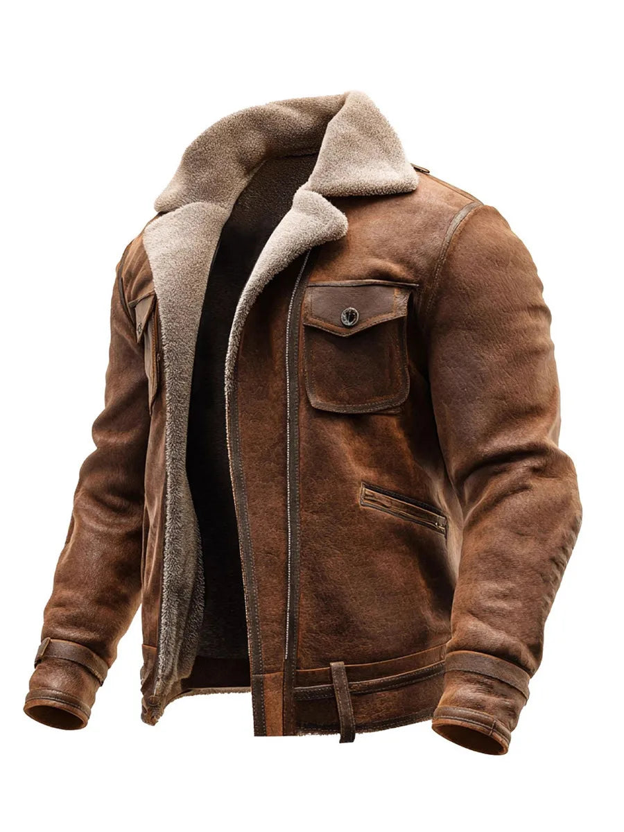 2026 Men's PU Leather Patchwork Zipper Jacket Autumn Winter Fleece Warm Outdoor Coat Casual Cowboy Outerwear Brown Streetwear