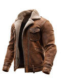 2026 Men's PU Leather Patchwork Zipper Jacket Autumn Winter Fleece Warm Outdoor Coat Casual Cowboy Outerwear Brown Streetwear