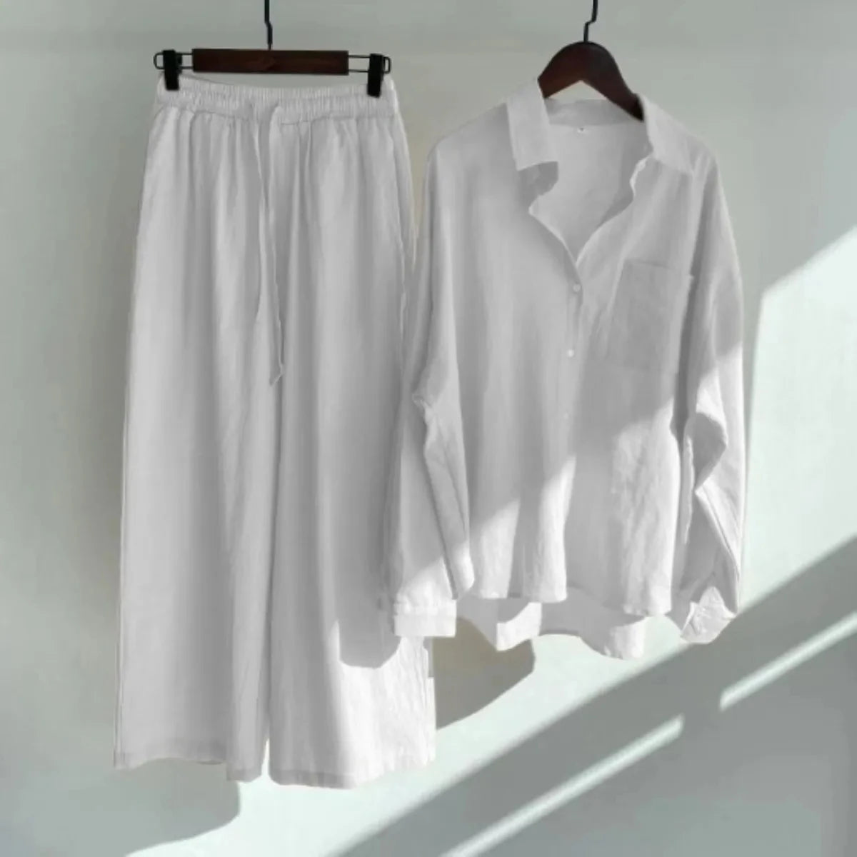 Women's 2-piece set 2026 Spring Autumn New Long sleeved Cotton linen Shirt top+High waisted loose Pants Comfortable Casual Sets
