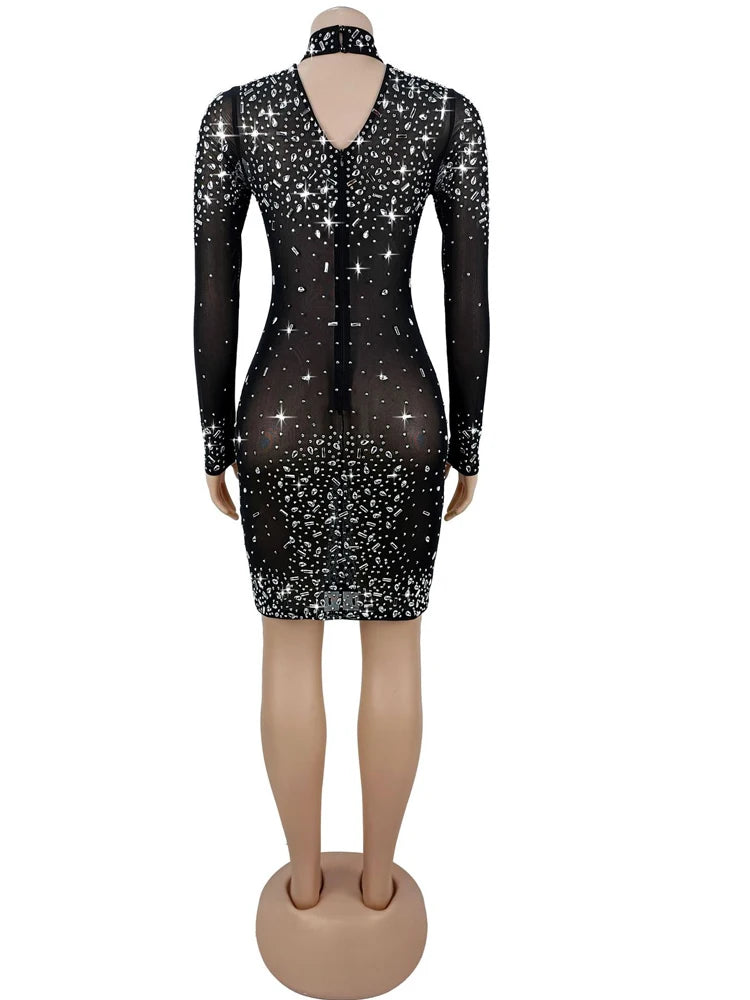 Beyprern Elegant Crystal See Through Mesh Party Dresses Women Glamour Long Sleeve Rhinestone Night Out Vestido Christmas Outfits