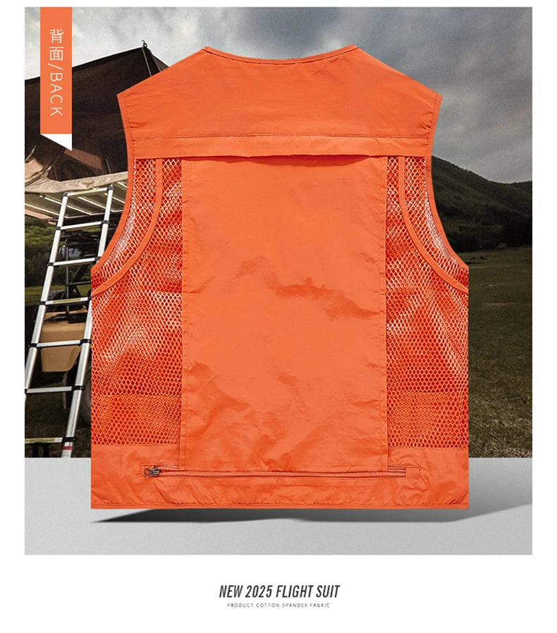 Mesh Men's Fishing Vest Multi Zip Pocket Hiking Waistcoat Male Light Thin Outdoor Sleeveless Jacket Work Summer Travel Plus Size