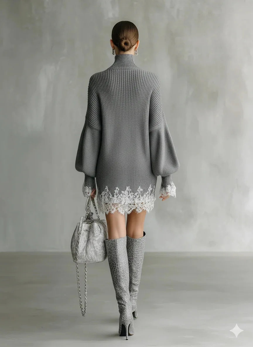 Wome Knitting Dress 2026 New Ladies Loose Fit Turtleneck Knitted Dress Autumn Lace Spliced Long Sleeve Sweater Midi Warm Dress