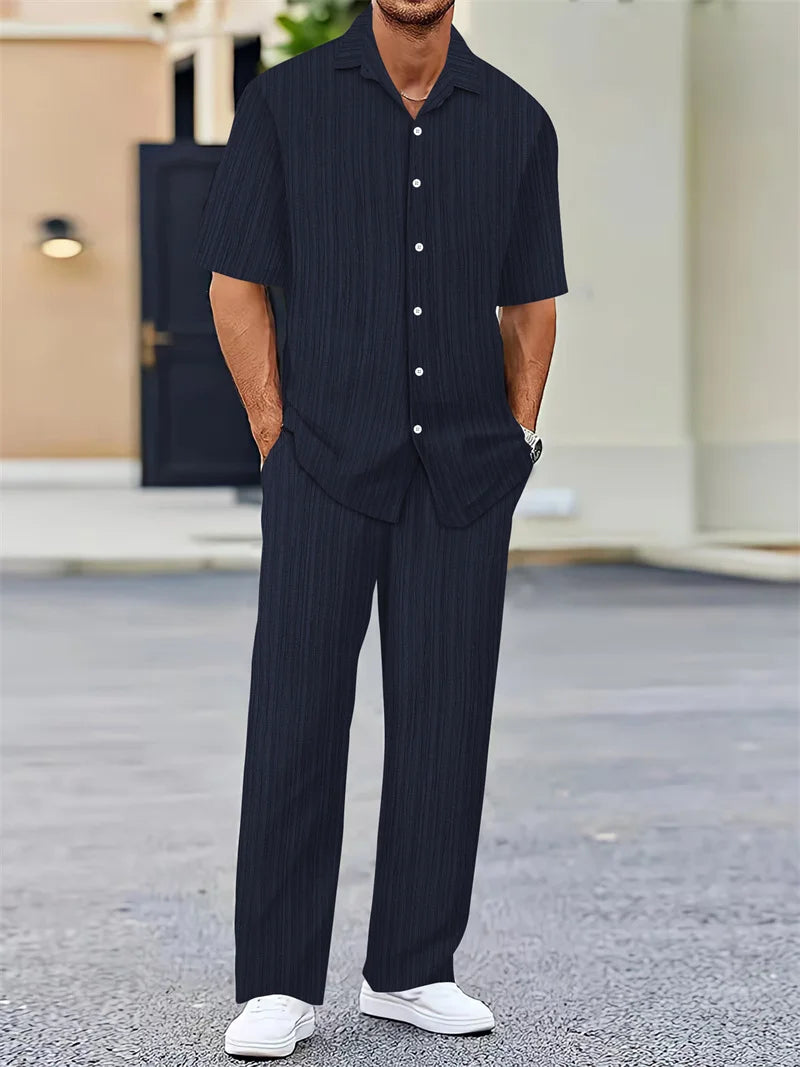 spring Summer Men Sets short-sleeve cardigan lapel shirt+trousers suit men's fashion 2 pieces tracksuit striped leisure suit