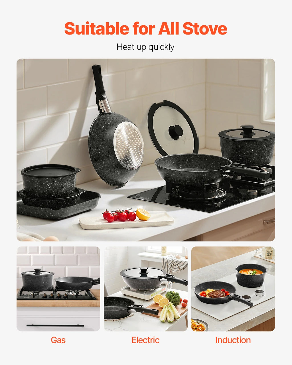 SucceBuy 17 Pcs Nonstick Cookware Set Granite Pots and Pans Set Induction Cookwares Kitchen Cooking Set w/Frying Sauce Saute Pan