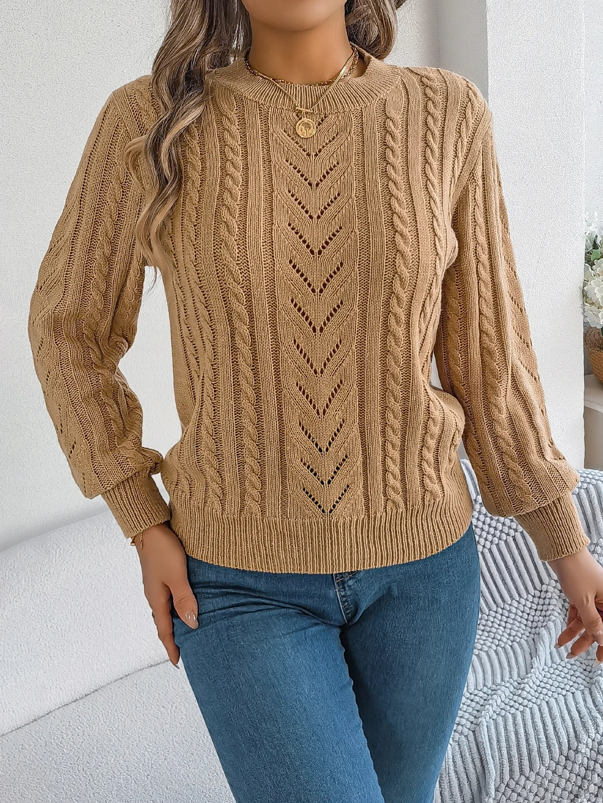 Women Solid Openwork Knit Pullover Round Neck Long Sleeve Cozy Fall Winter Resort Ready Sweater Top