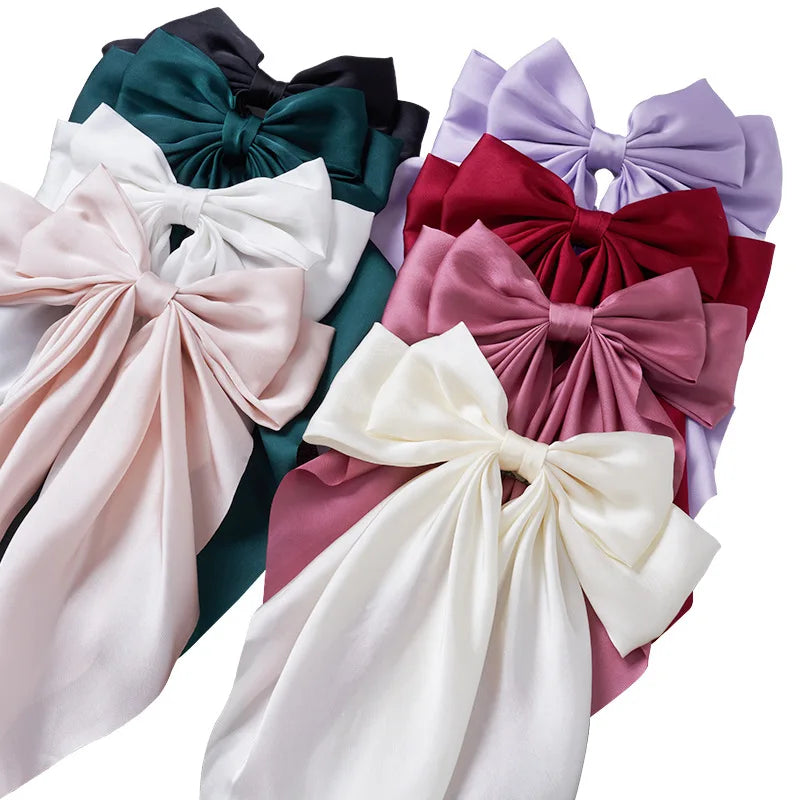 8 Ladies Satin Large White pink Red Blue Black Ribbon bow Oversized bow Long tail hair clip spring clip ponytail Hair accessorie