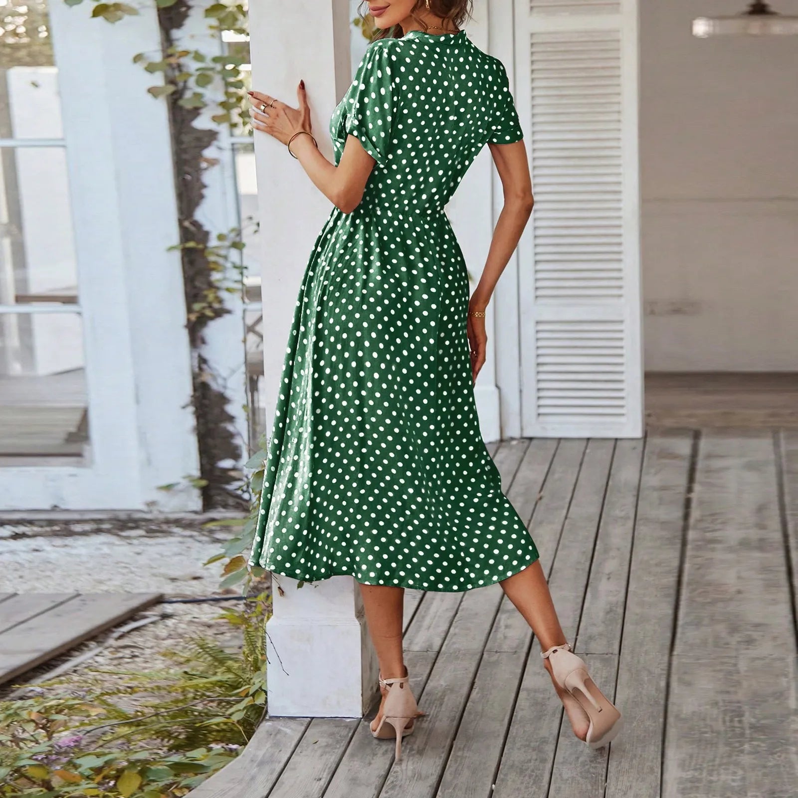 Elegant retro polka dot dress Women's Summer Midi Dress V Neck Single Breasted Short Sleeve Dresses Fashion Print Dress