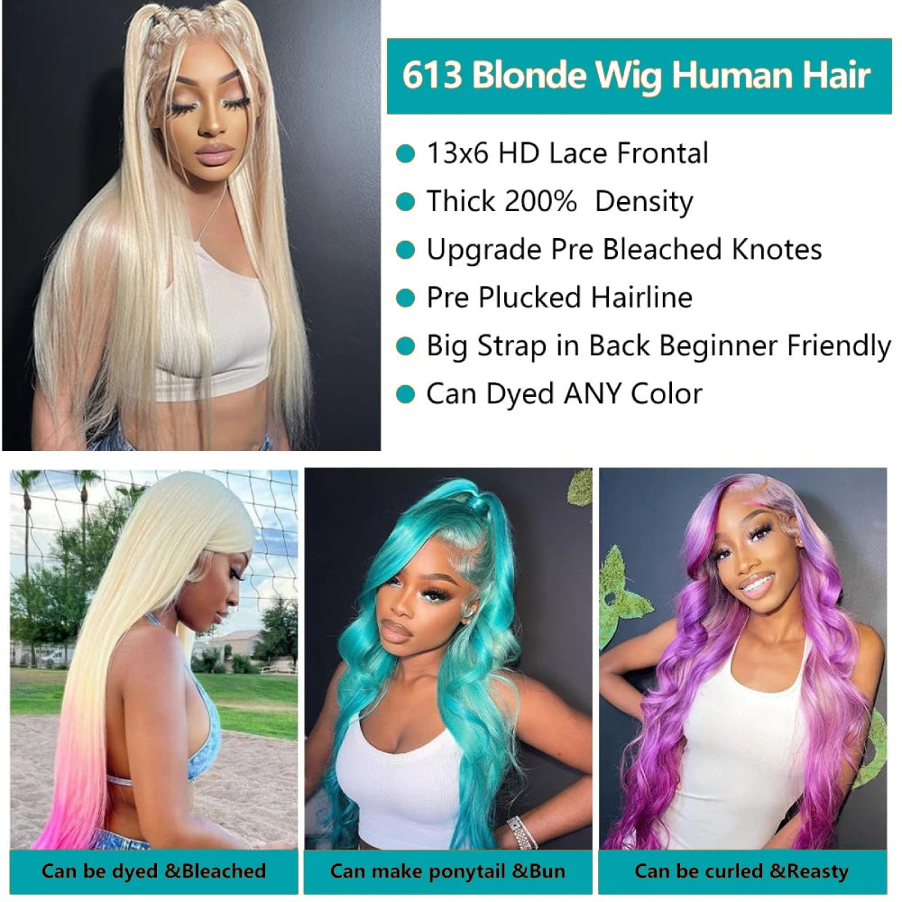 613 Blonde 30 40 Inch Bone Straight Human Hair Wig 13x6 Hd Lace Frontal Wig Brazilian 220 Density Colored Human Hair Lace Front Pre Plucked Wigs