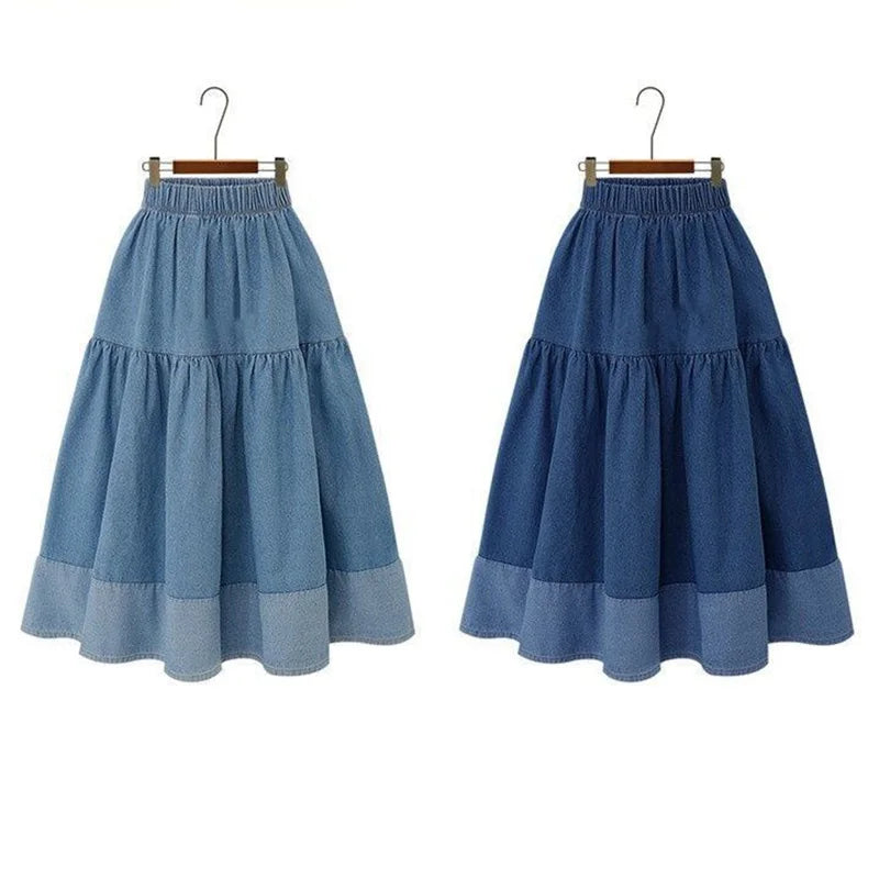 Blue Denim Skirt Womens High Waist Tiered Long Skirts Denim Elastic Casual Dress Elastic Waist A Line Jeans Skirt Girls Clothes