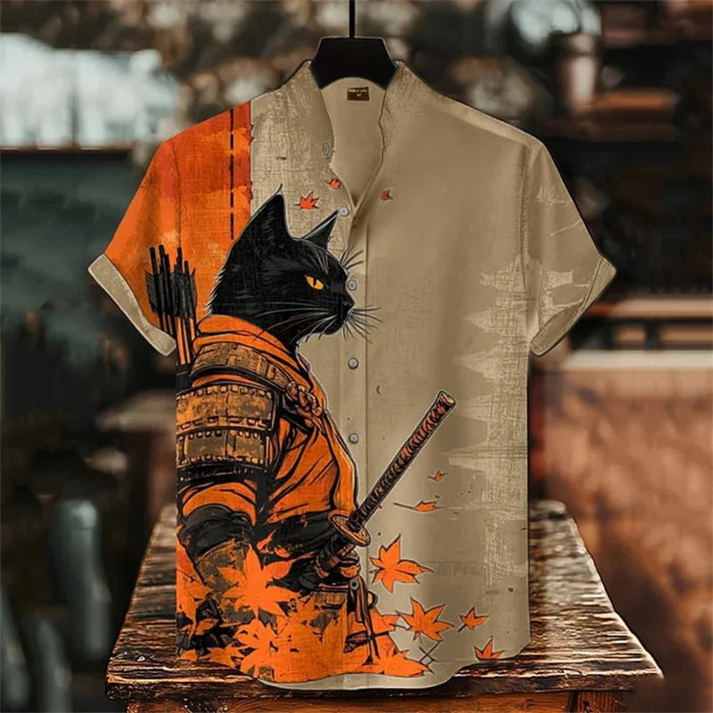 Men's Warrior Cat Art Linen Shirt 3D Plum Blossom Print Casual Hawaiian Shirt Summer Short Sleeved Shirt Top