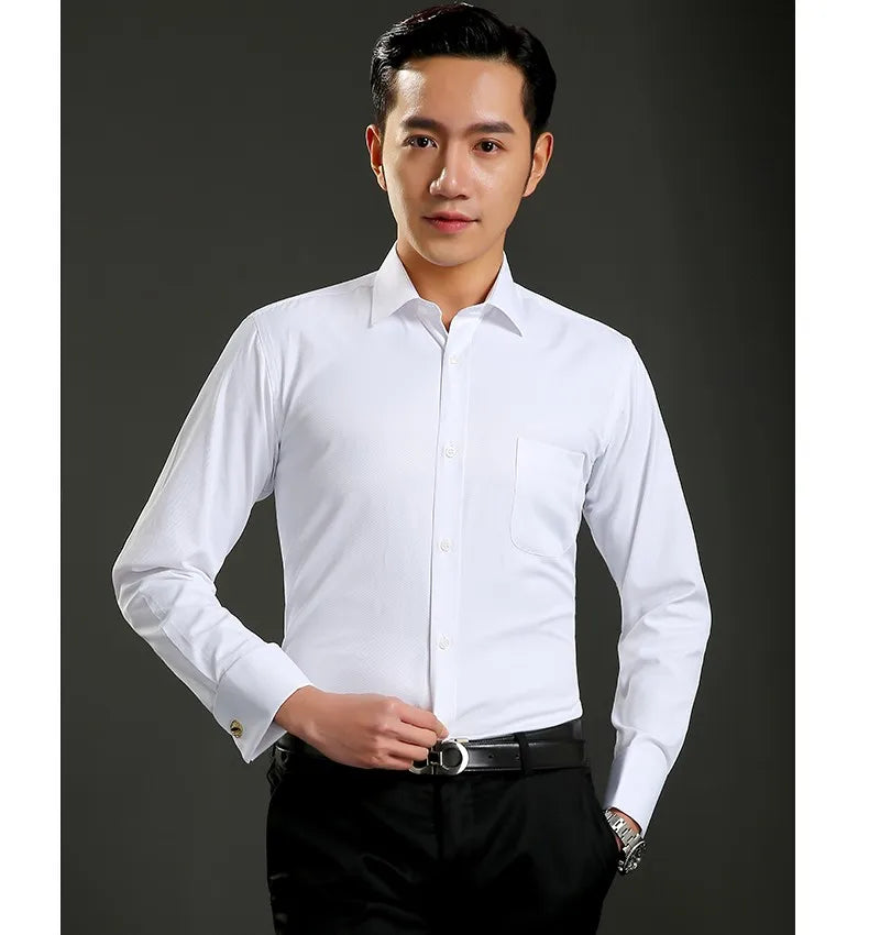 2025 Classic Regular Fit White French Cufflinks Men's Business Dress Long Sleeve Shirt Lapel Men Social Shirt