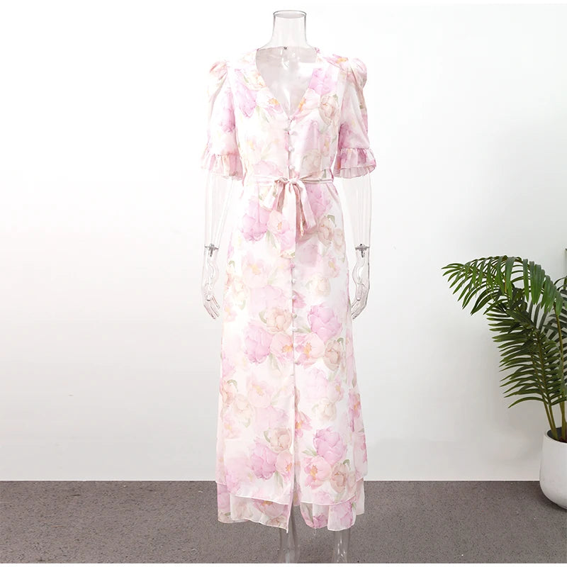 Organza Floral Printed Maxi Dress V-neck Puff Sleeve 2026 Spring/summer Romantic Women Party Gown Fashion Elegant Lady Vestido
