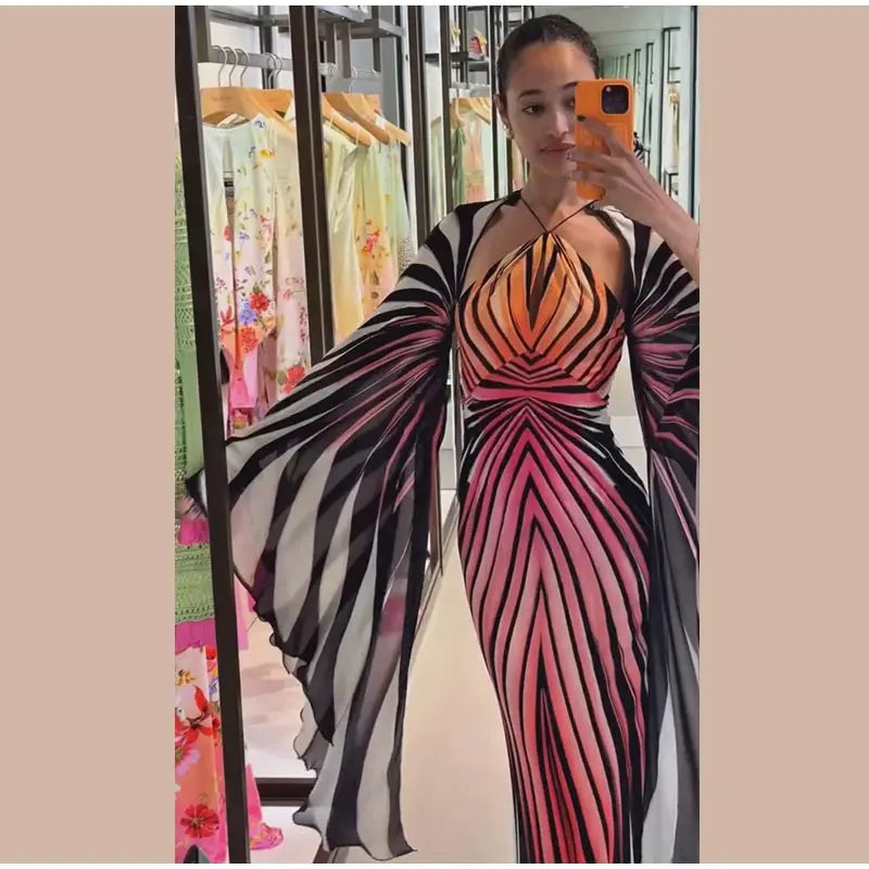 Sexy Printed Women's Dress Wide Sleeve Backless Waist-Closed Hip Package Lady Long Dresses 2026 Summer Autumn Chic Female Robe