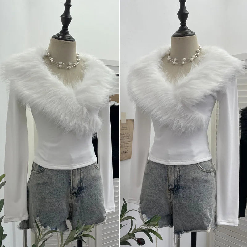 ISAROSE Big Artificial Fur Collar T-shirt for Women Y2K Solid Color V Neck Spring Autumn Sanded Fabric Lining Short Slim Tops