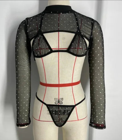 New Three-Point Hollow Mesh Top Sexy Lingerie Long Sleeve round Neck Women's Summer Home Clothes Sleepwear Home Suit Set