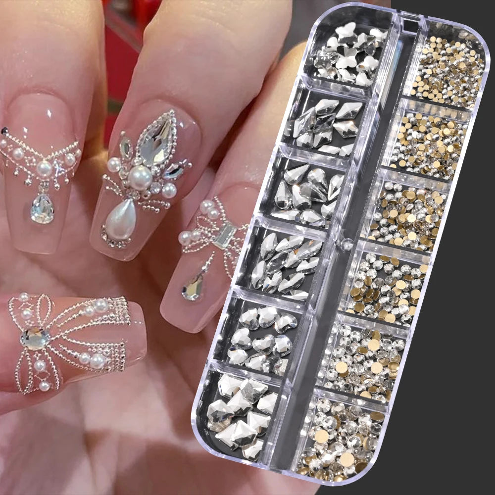 12Grids 3D Gold/Champagne Nail Art Rhinestones Mixed-Shapes Flat-Back Glass Diamonds Nails Charms Luxury DIY Manicure Decoration