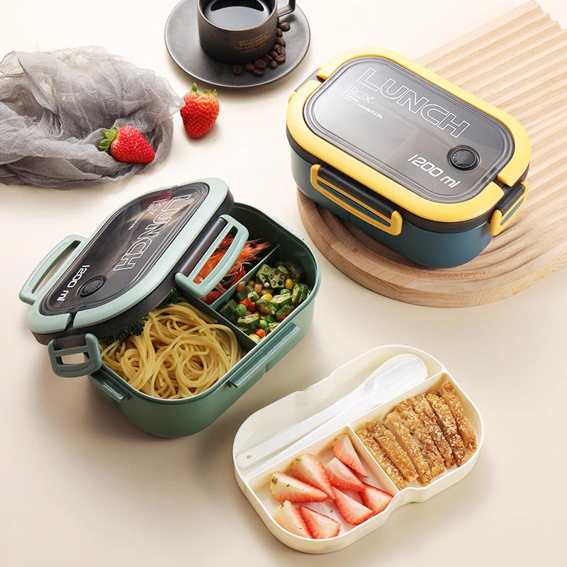 Portable Double-Layer Lunch Box with Fork And Spoon Compartment Food Container Microwave Safe for Picnics And Freshness Preserva