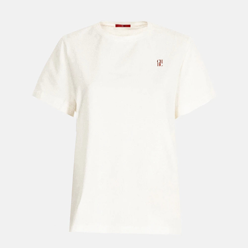 CH Womens Short Sleeve Crew Neck T Shirt Embroidered Logo Casual Loose White Cotton Tee Top Fashion Daily Wear