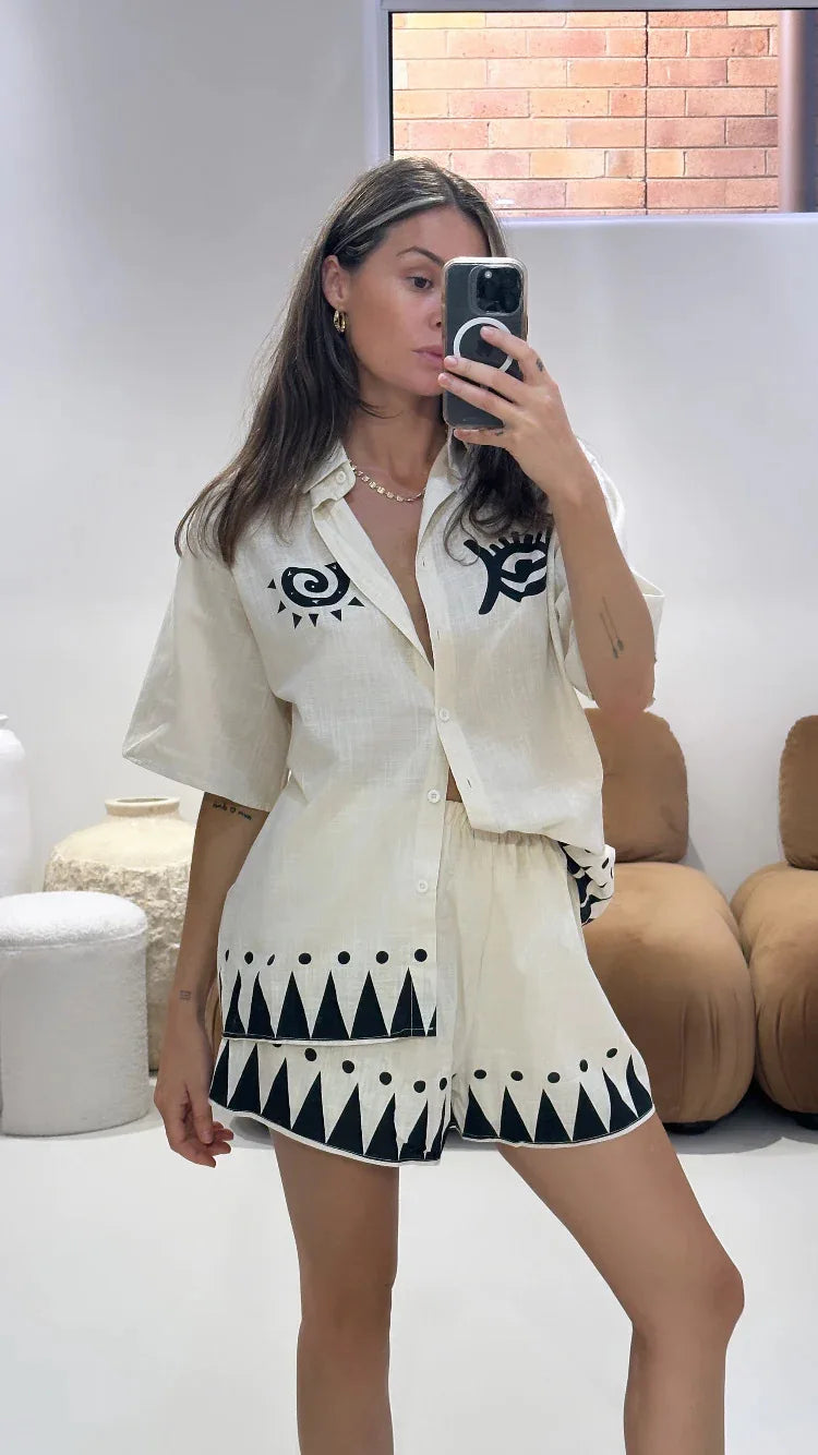 Fashion Print Beach Holiday Set For Women Summer New Short Sleeve Buttoned Shirt Wide Legs Shorts Oversized Two Piece Set