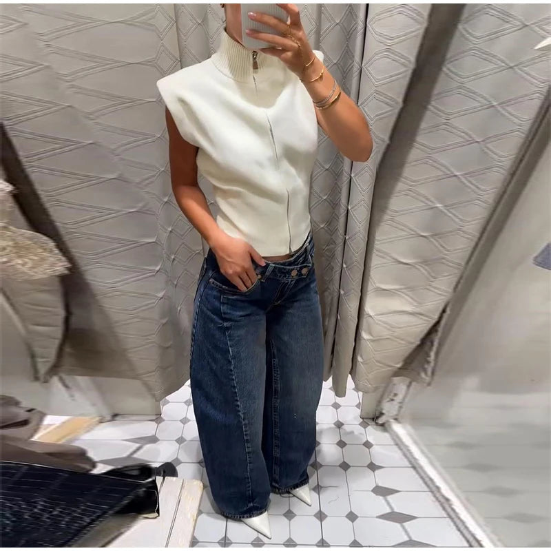 Women's Double Zipper Knit Vest Stand Collar Shoulder Pad Sleeveless Slim Cropped Sweater 2026 Autumn All-match Casual Outfits